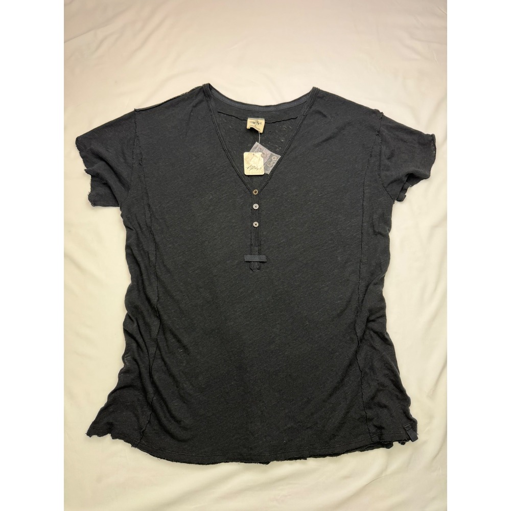 Free People One Of The Girls Henley Tee Black Oversized Linen Blend M - Picture 2 of 8